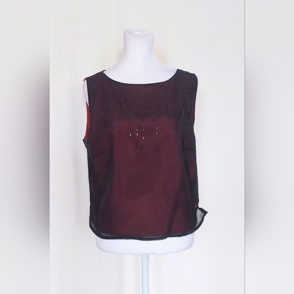 Impressions Millennium Edition Beaded Sleeveless Sheer Top Black Red Size Medium